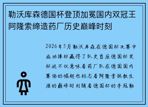 勒沃库森德国杯登顶加冕国内双冠王阿隆索缔造药厂历史巅峰时刻